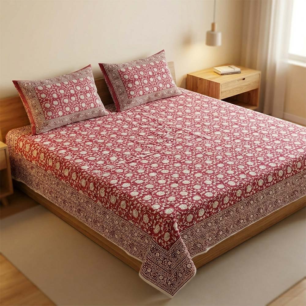Bagru Hand Block Printed Premium Bedsheet Set (8.8x8.8)ft