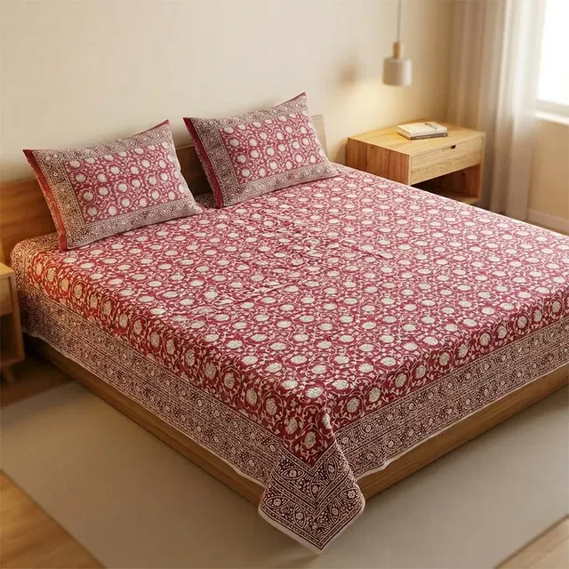 Bagru Hand Block Printed Premium Bedsheet Set (8.8x8.8)ft