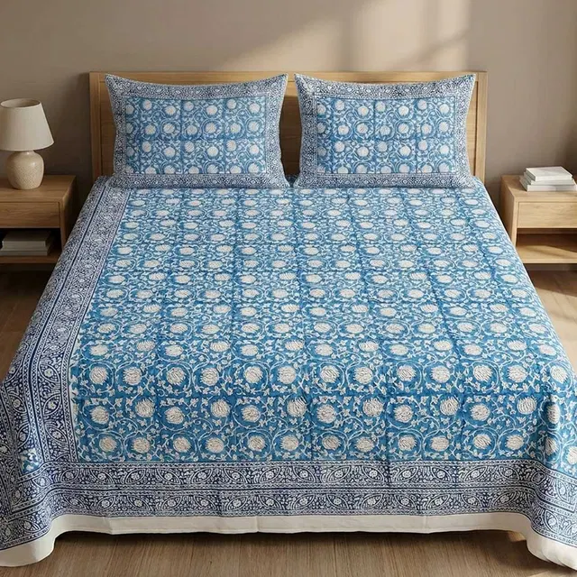 Bagru Hand Block Printed Premium Bedsheet Set (8.8x8.8)ft