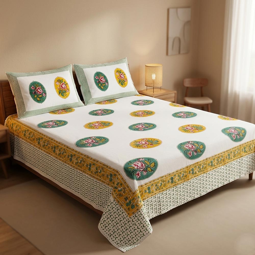Bagru Hand Block Printed Premium Bedsheet Set (8.8x8.8)ft