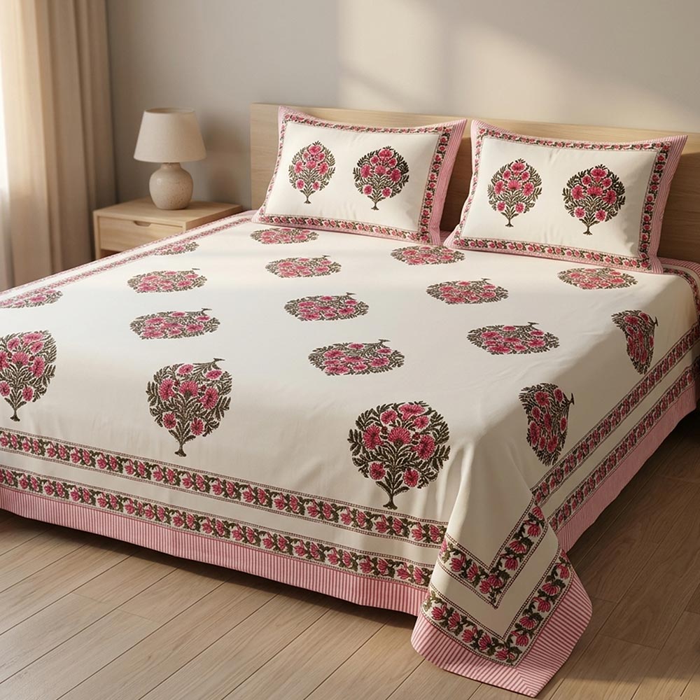 Bagru Hand Block Printed Premium Bedsheet Set (8.8x8.8)ft