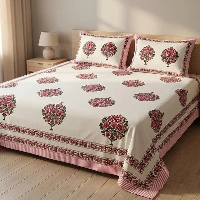 Bagru Hand Block Printed Premium Bedsheet Set (8.8x8.8)ft