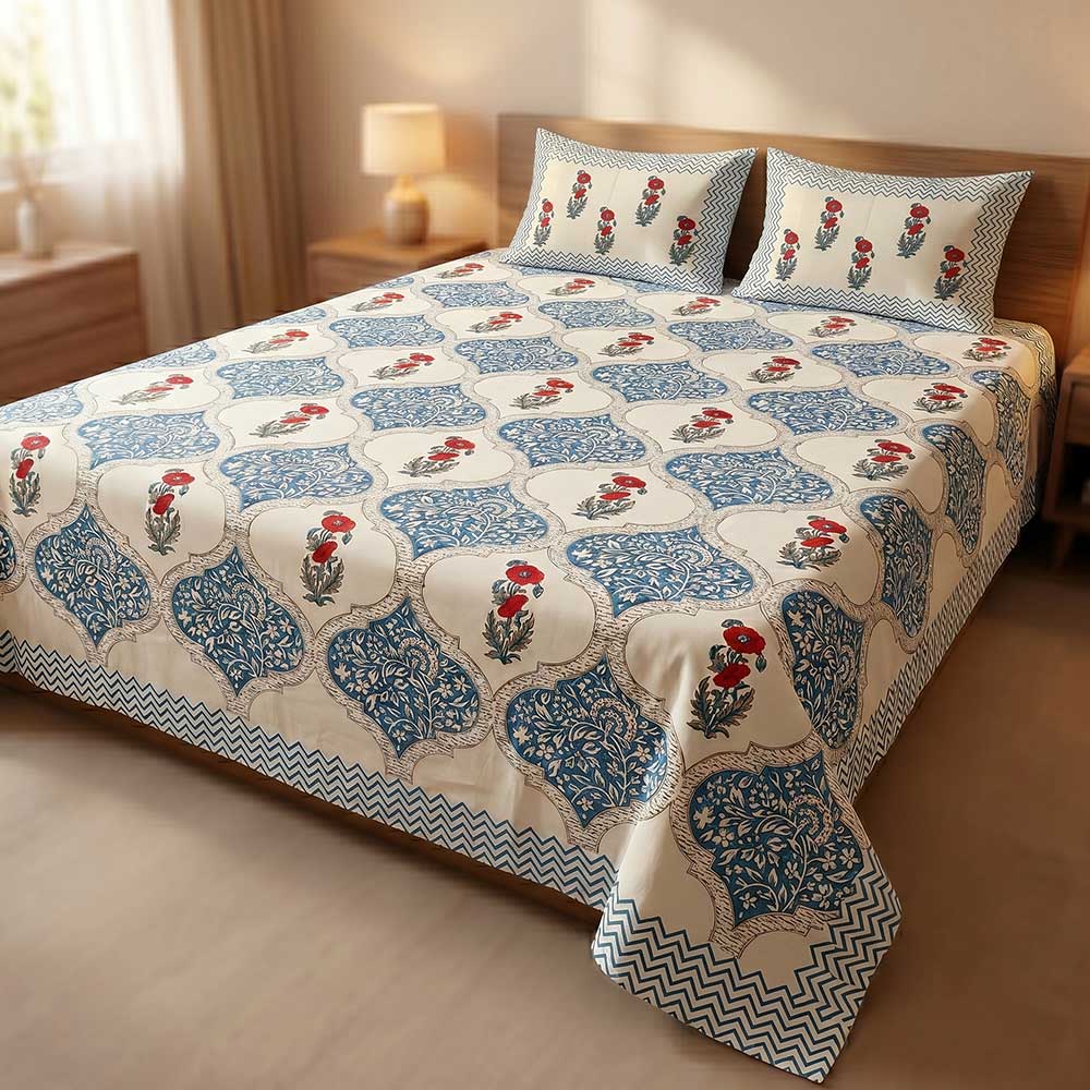 Bagru Hand Block Printed Premium Bedsheet Set (8.8×8.8)ft