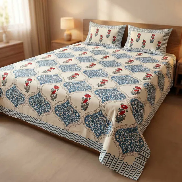 Bagru Hand Block Printed Premium Bedsheet Set (8.8×8.8)ft
