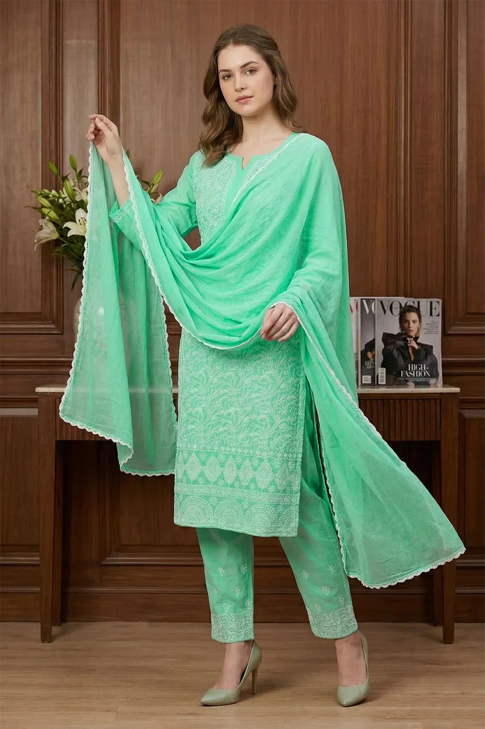 Lucknow Chikankari Hand Embroidered Salwar Suit Set (Unstitched)