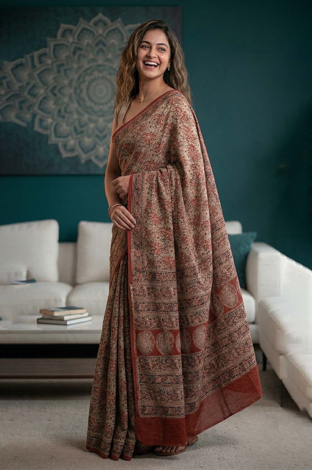 Hand Block Printed Machilipatnam Kalamkari Saree (Extremely Soft Cotton)