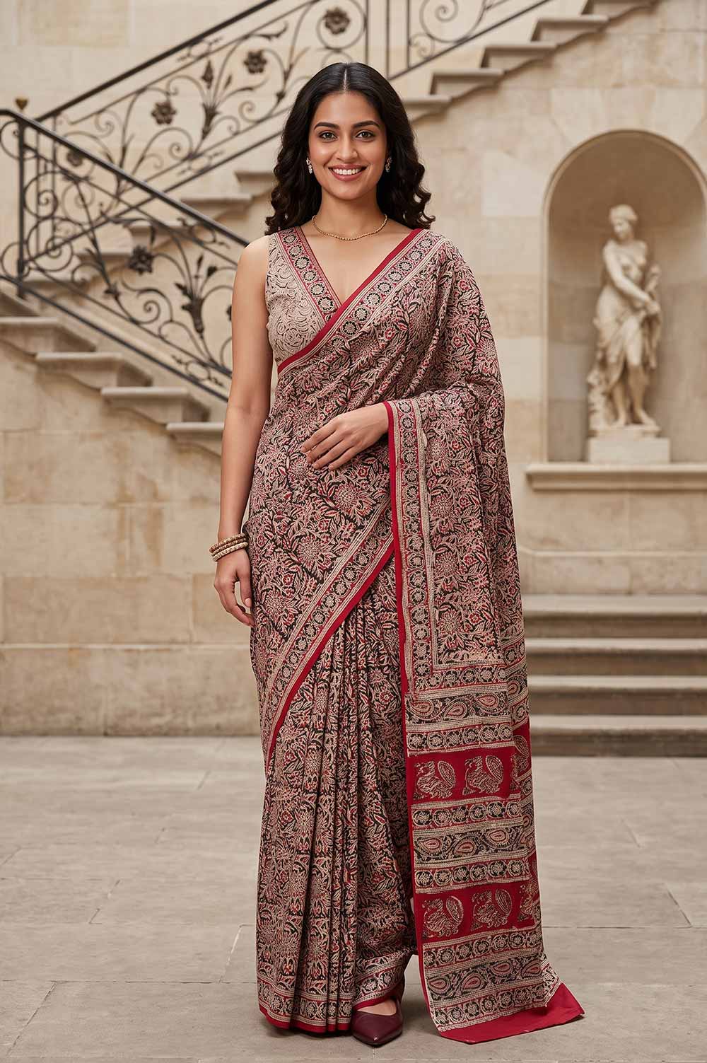 Hand Block Printed Machilipatnam Kalamkari Saree (Extremely Soft Cotton)