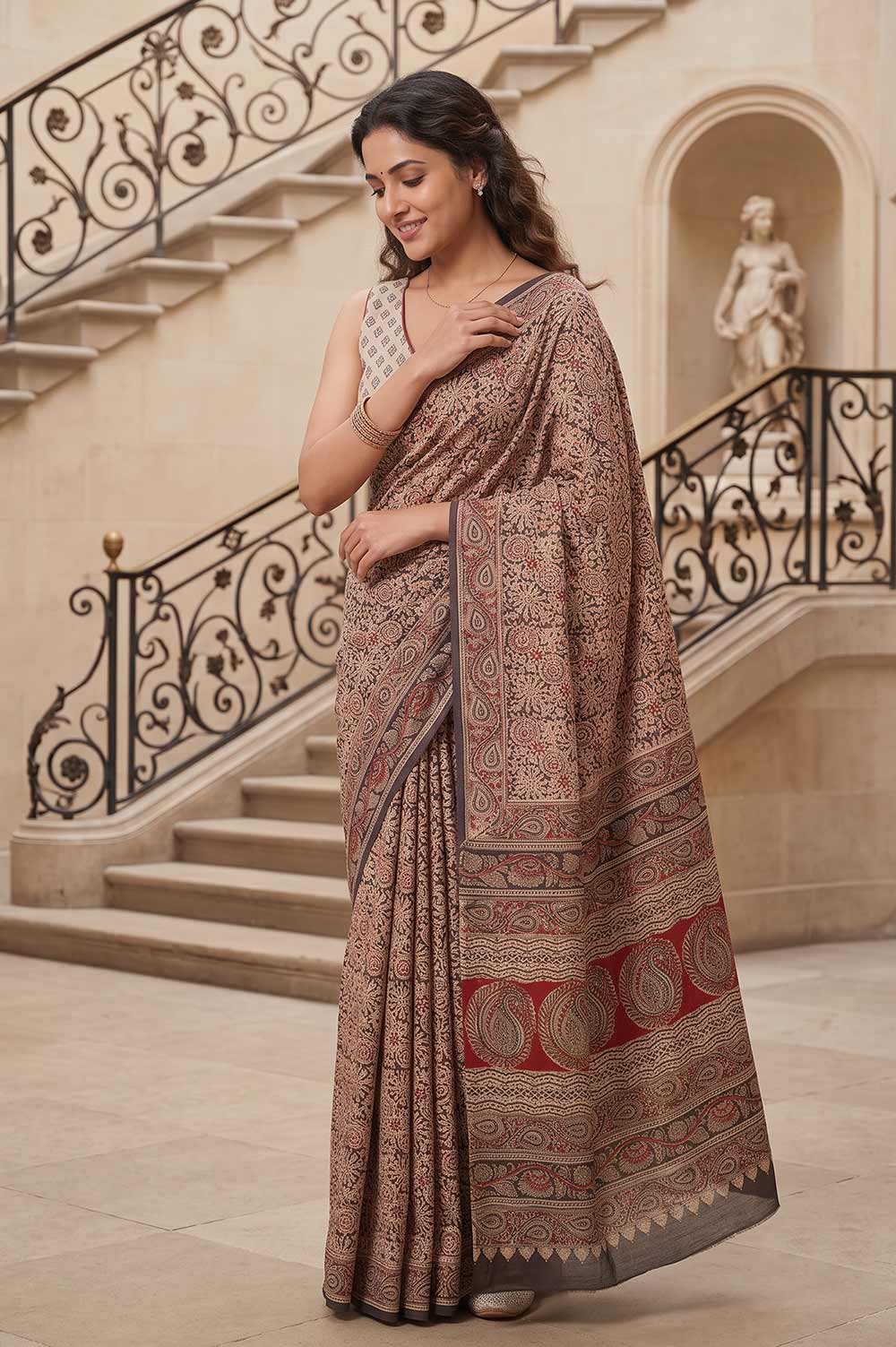 Hand Block Printed Machilipatnam Kalamkari Saree (Extremely Soft Cotton)