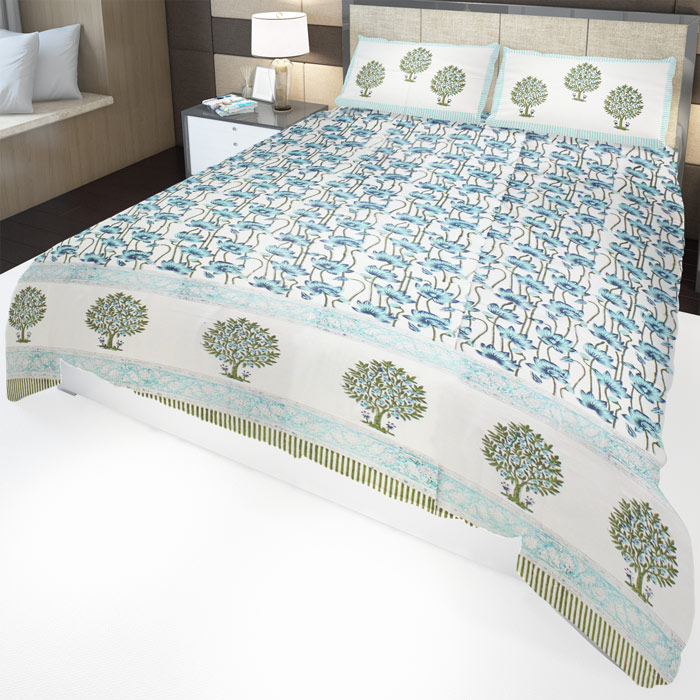 Sanganeri Hand Block Printed Bedsheet With Pillow Covers (8.8x8.8)ft