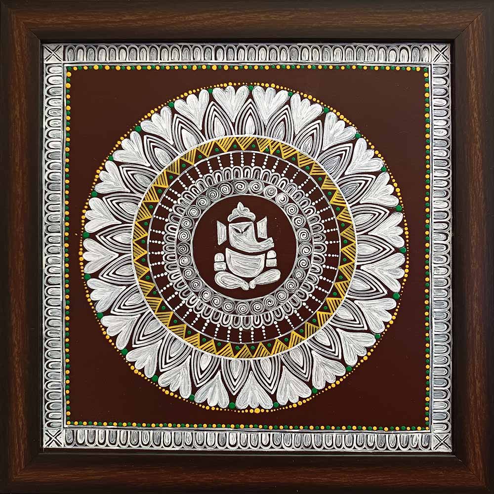 Uttarakhand Aipan Art on Wood (14x14) Inches