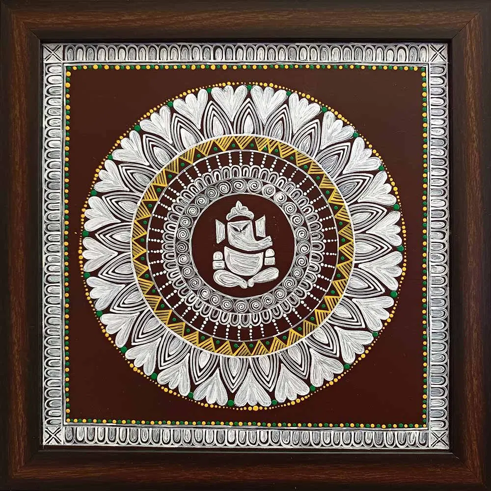 Uttarakhand Aipan Art on Wood (14x14) Inches