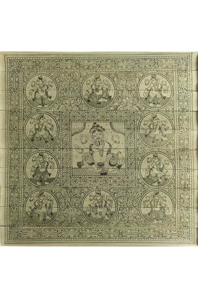 Odisha Talapatra Engraved Painting - Ganesha with Dhashavatara (13*12.5 Inch)