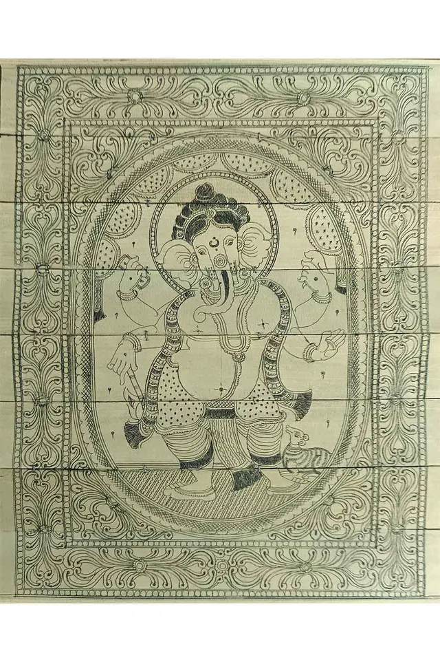 Odisha Talapatra Engraved Painting - Narthana Ganesha (8*9.5 Inch)