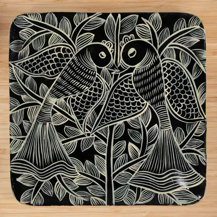 Bengal Patachitra Wooden Birds Tray (7*7 Inches)