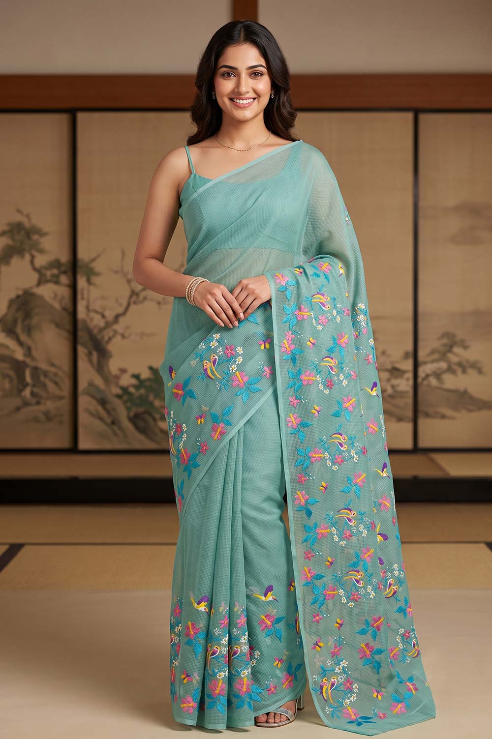 Kota Embroidery Work Cotton Mix Saree