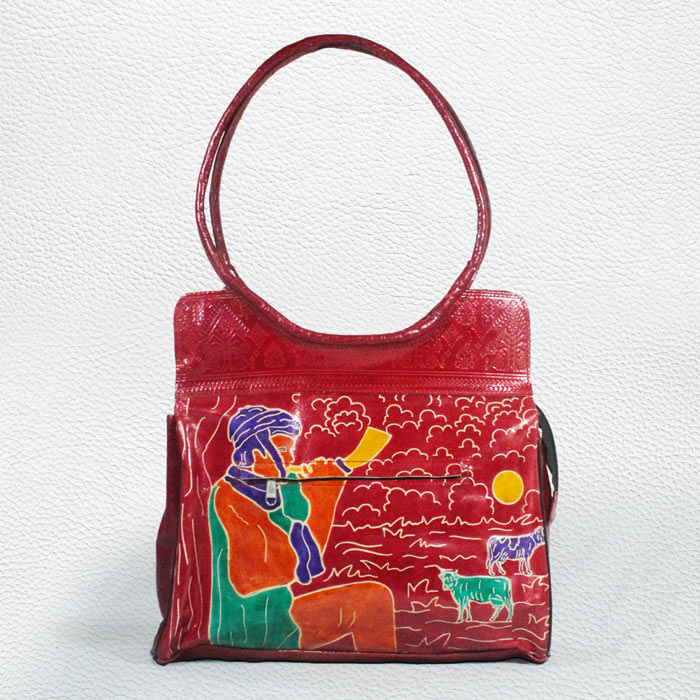 Santiniketan Leather Hand Block Printed - Hand Bag (14x12) Inches