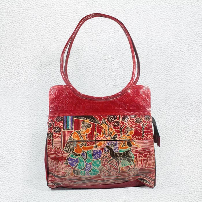 Santiniketan Leather Hand Block Printed - Hand Bag (14x12) Inches