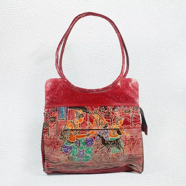 Santiniketan Leather Hand Block Printed - Hand Bag (14x12) Inches