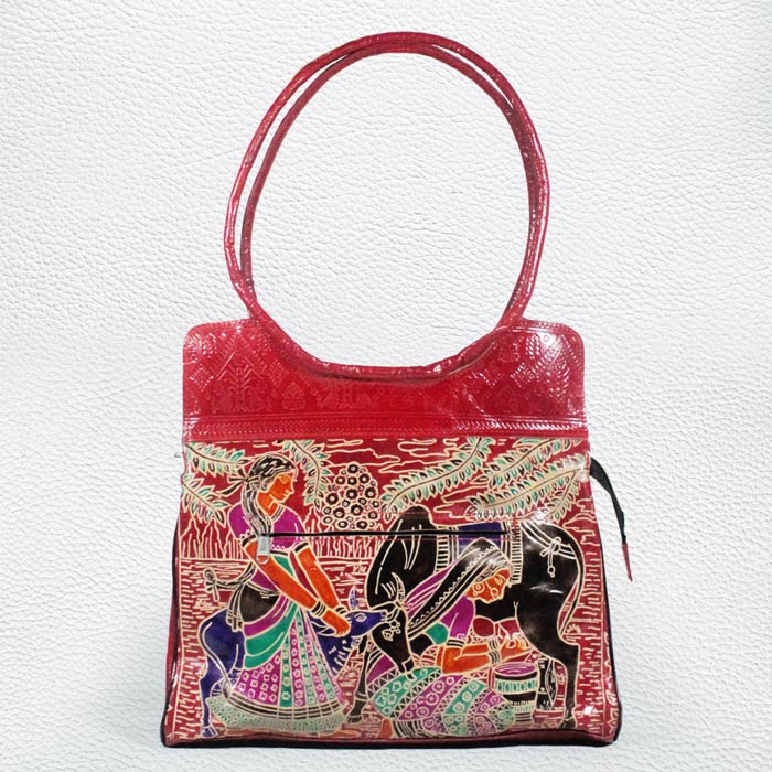 Santiniketan Leather Hand Block Printed - Hand Bag (14x12) Inches