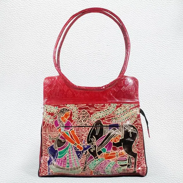 Santiniketan Leather Hand Block Printed - Hand Bag (14x12) Inches