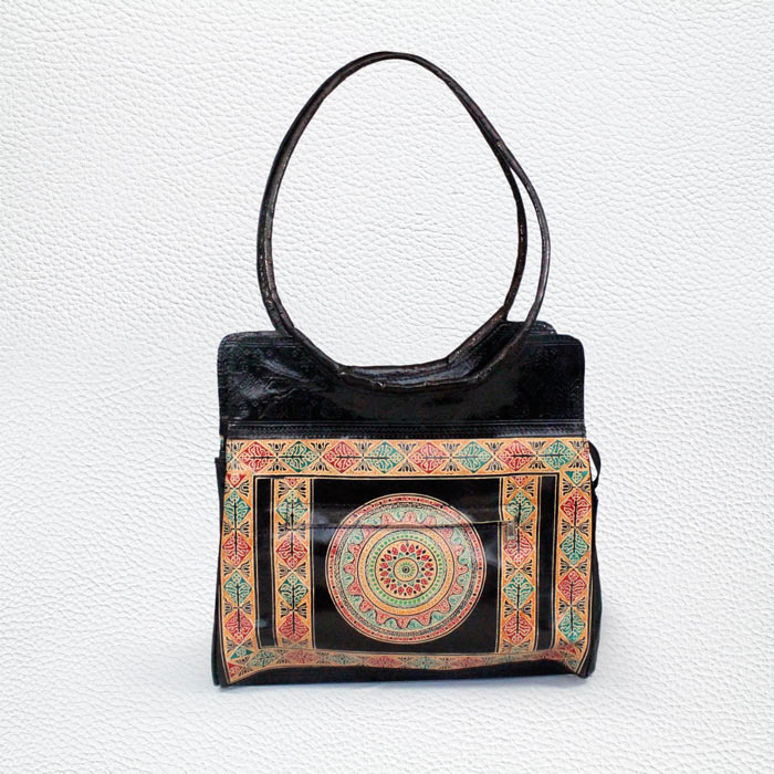 Santiniketan Leather Hand Block Printed - Hand Bag (14x15) Inches