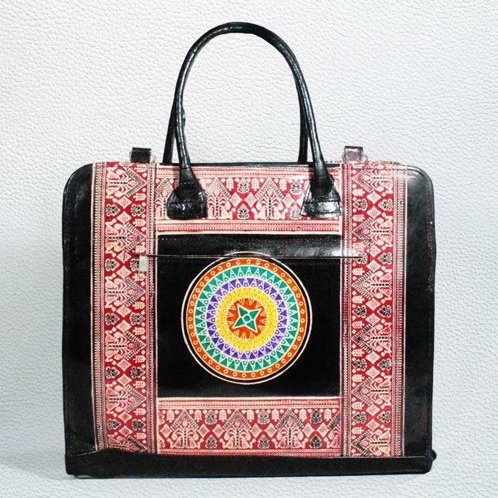 Santiniketan Leather Hand Block Printed - Laptop Bag (15x12) Inches