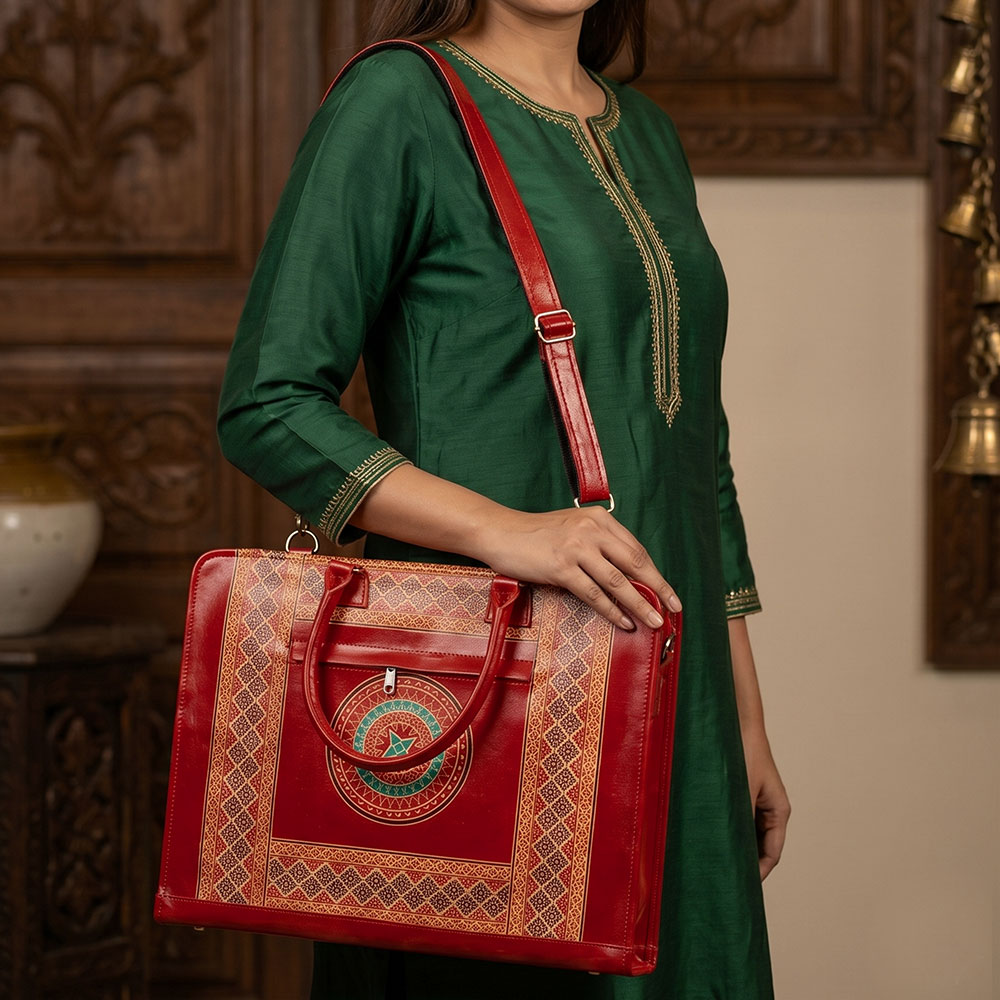 Santiniketan Leather Hand Block Printed - Laptop Bag (15x12) Inches