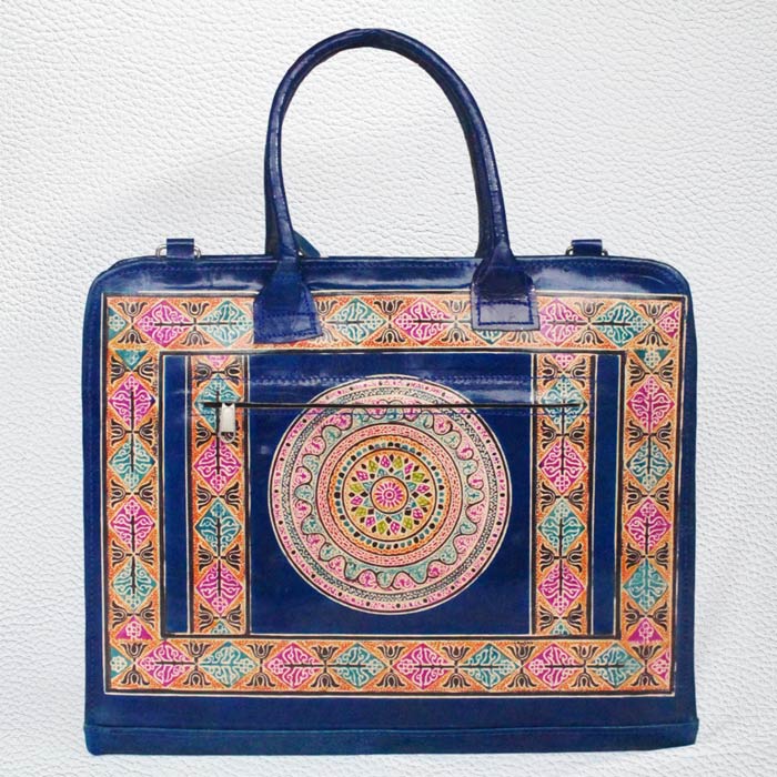 Santiniketan Leather Hand Block Printed - Laptop Bag (15x12) Inches