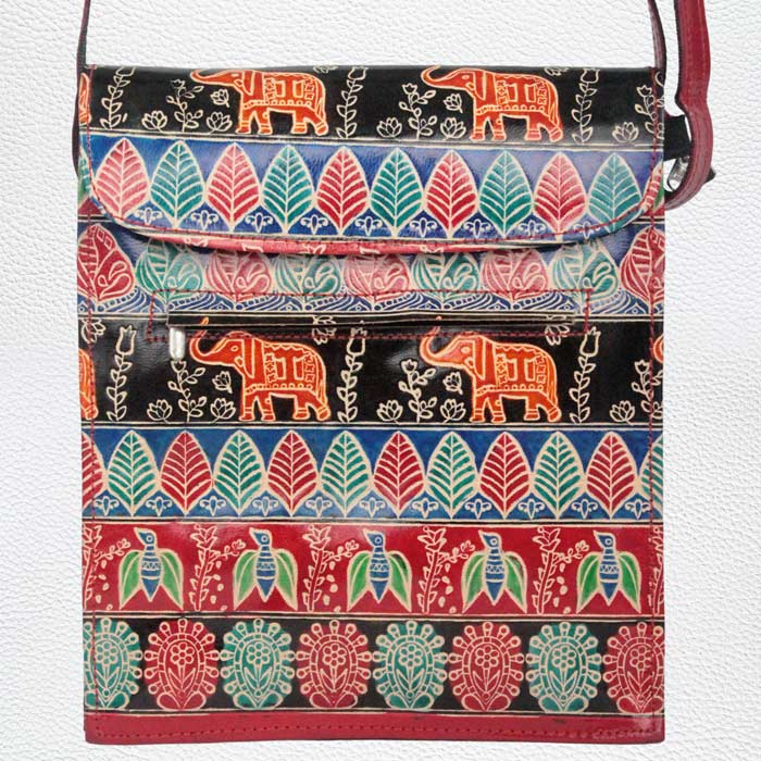 Santiniketan Leather Hand Block Printed - Hand Bag (9x11) Inches