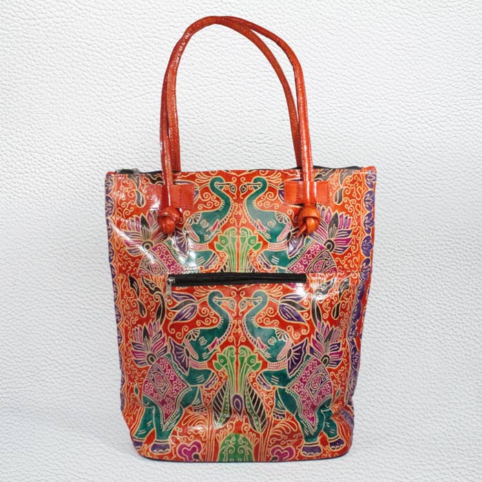 Santiniketan Leather Hand Block Printed - Hand Bag (15x16) Inches