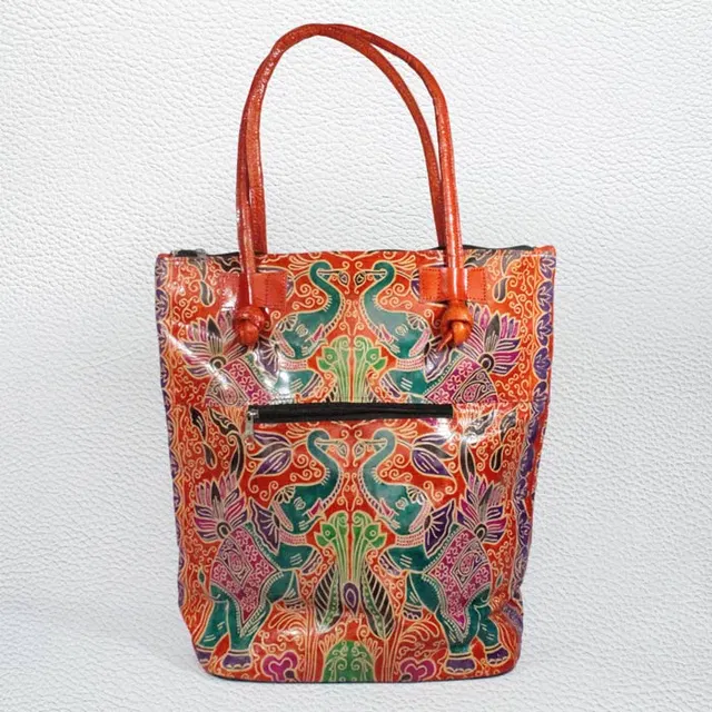 Santiniketan Leather Hand Block Printed - Hand Bag (15x16) Inches