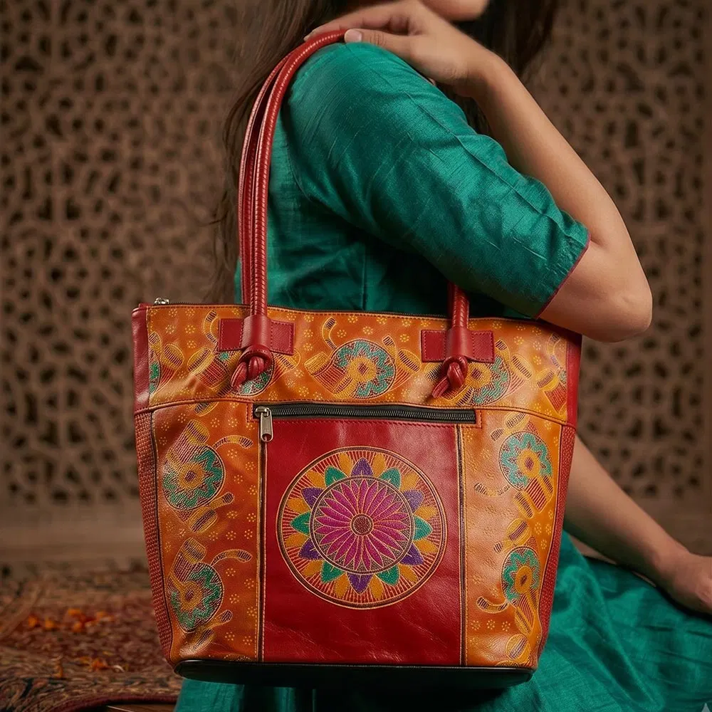 Santiniketan Leather Hand Block Printed - Hand Bag (15x13) Inches