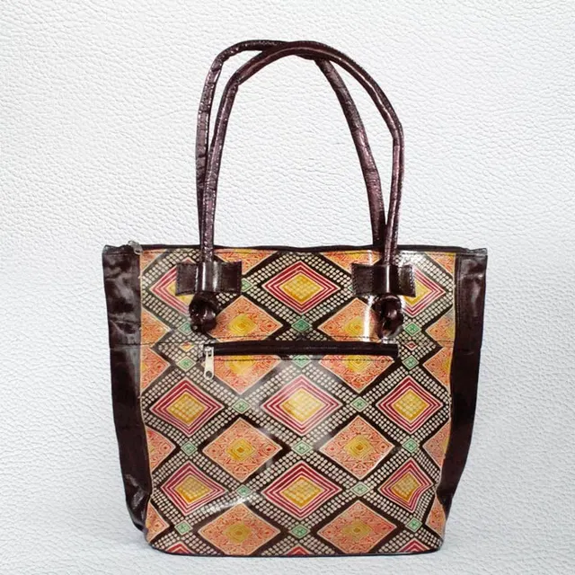 Santiniketan Leather Hand Block Printed - Hand Bag (15x13) Inches