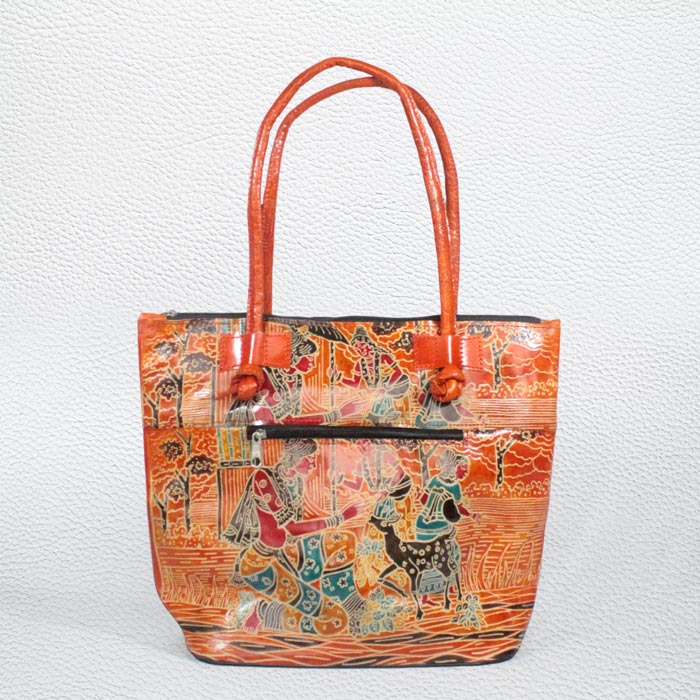 Santiniketan Leather Hand Block Printed - Hand Bag (15x13) Inches