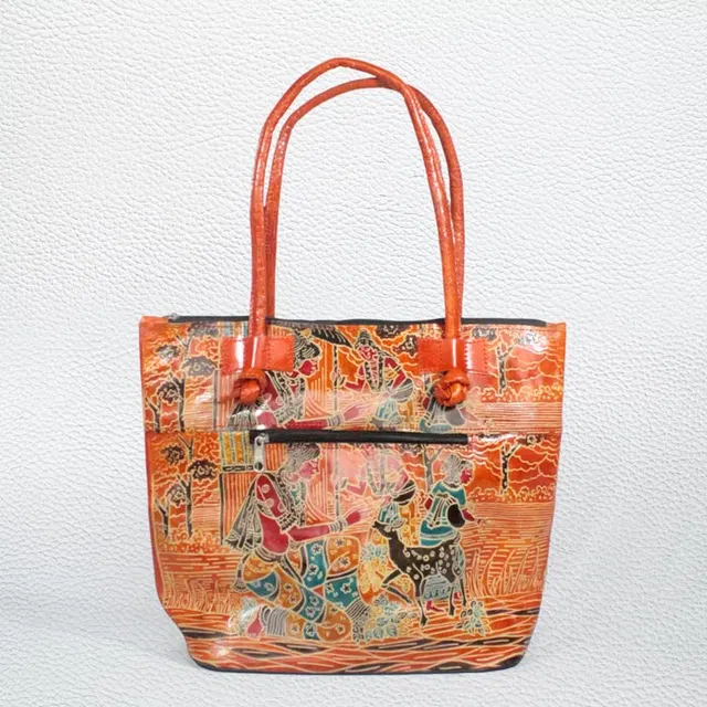 Santiniketan Leather Hand Block Printed - Hand Bag (15x13) Inches