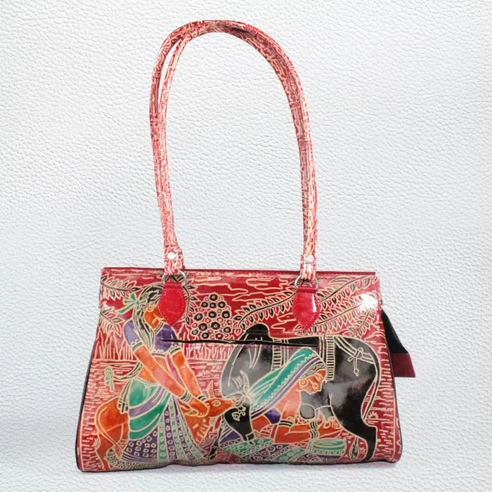 Santiniketan Leather Hand Block Printed - Hand Bag (14x10) Inches
