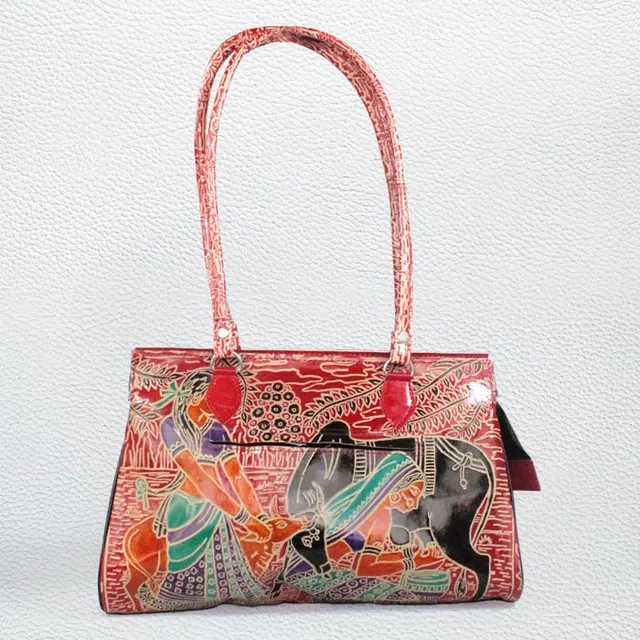 Santiniketan Leather Hand Block Printed - Hand Bag (14x10) Inches