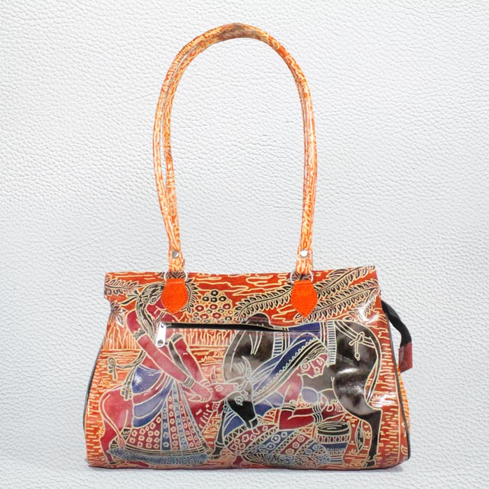 Santiniketan Leather Hand Block Printed - Hand Bag (14x10) Inches