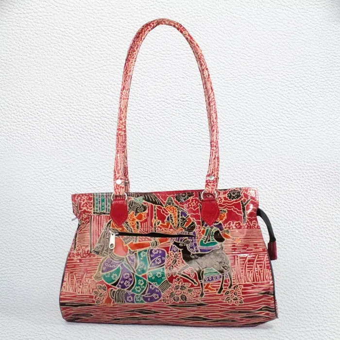 Santiniketan Leather Hand Block Printed - Hand Bag (14x10) Inches