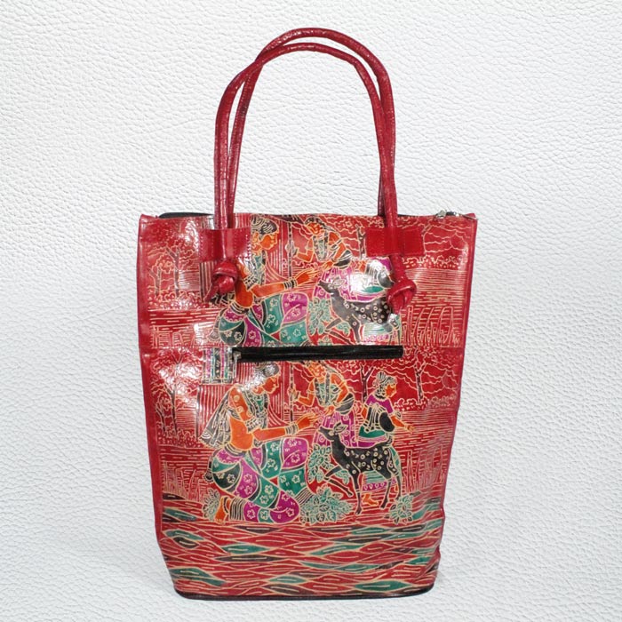 Santiniketan Leather Hand Block Printed - Hand Bag (15x16) Inches
