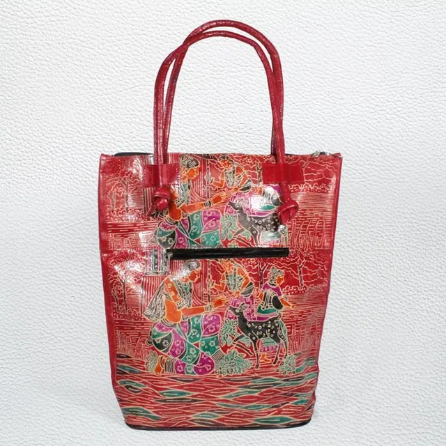Santiniketan Leather Hand Block Printed - Hand Bag (15x16) Inches