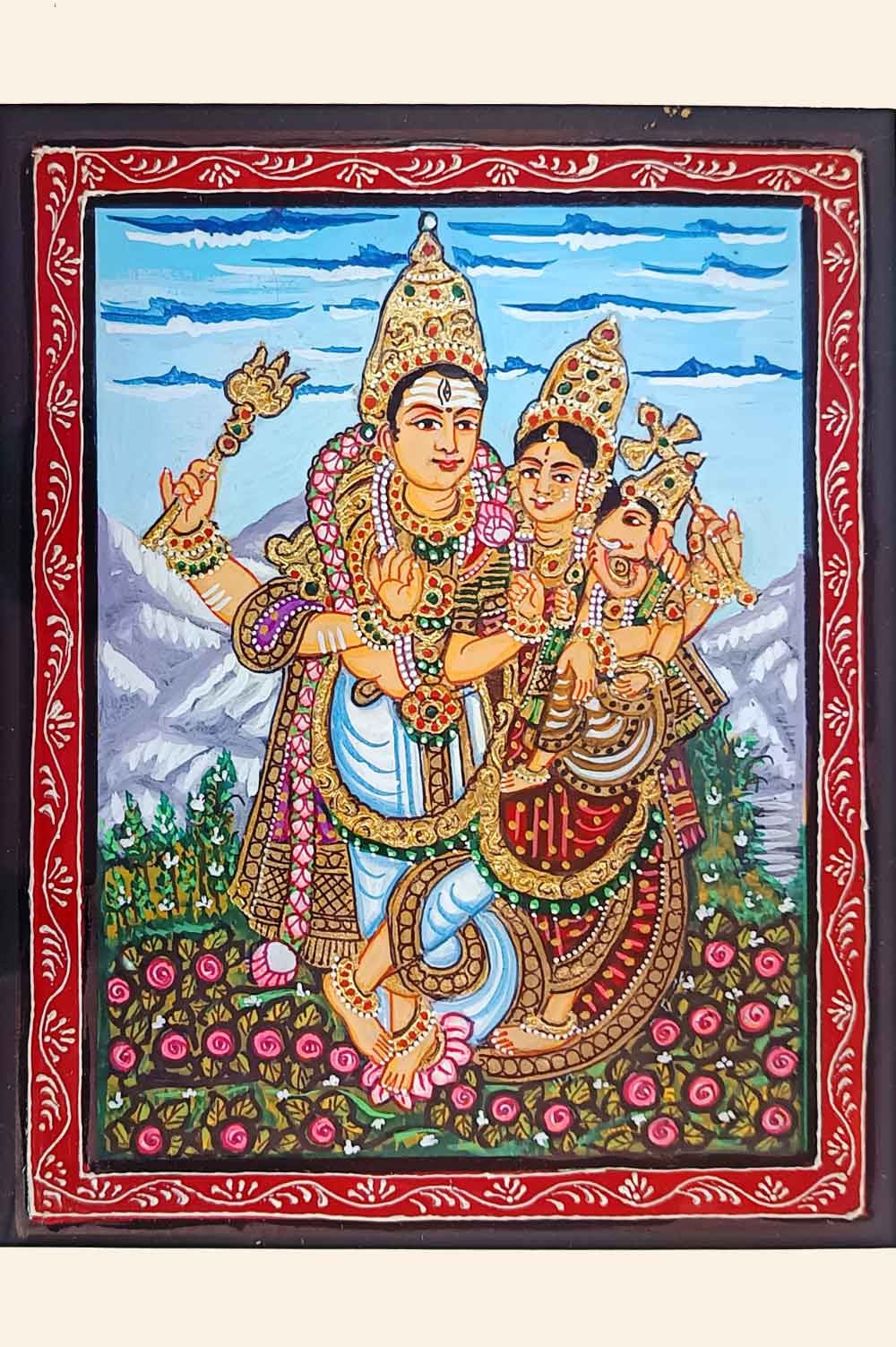 Ganesha Mysore Painting Shiva Family - 22KT Gold Leaf (13*15) Inches
