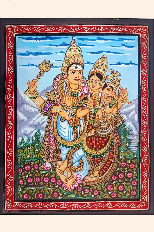Ganesha Mysore Painting Shiva Family - 22KT Gold Leaf (13*15) Inches