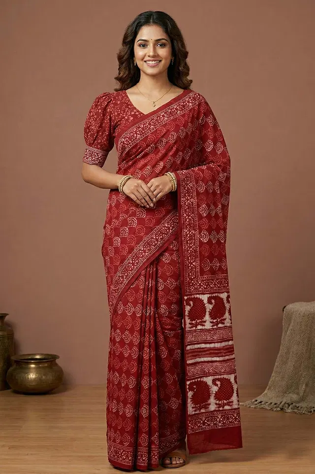 Bagru Hand Block Print Cotton Saree
