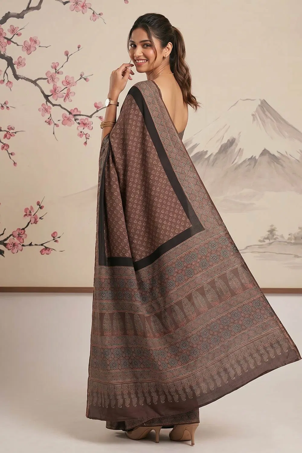 Kutch Ajrakh Hand Block Print Modal Silk Crepe Saree