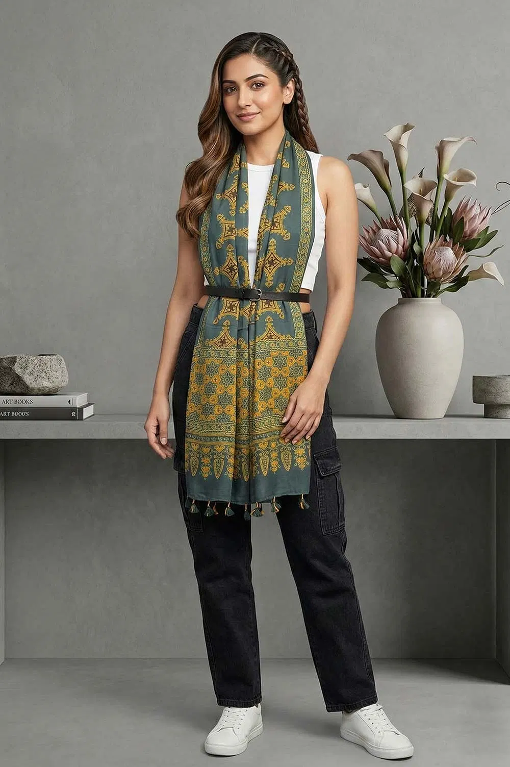 Kutch Ajrakh Hand Block Print Modal Silk Crepe Stole