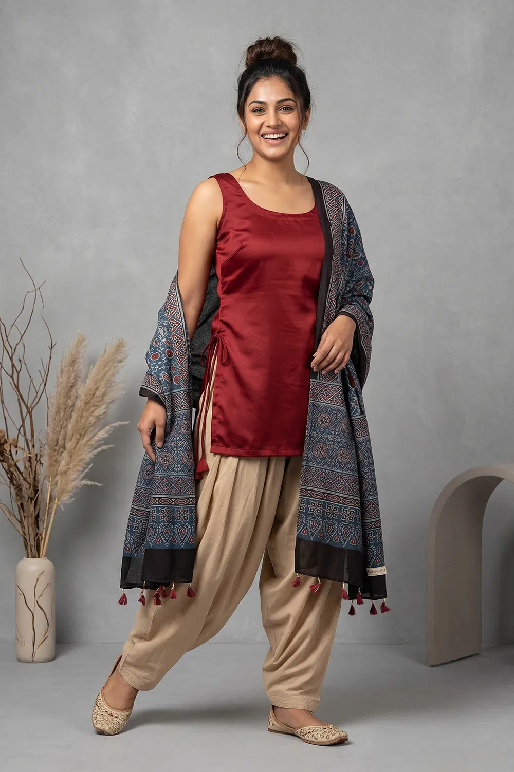Kutch Ajrakh Hand Block Print Modal Silk Crepe Stole