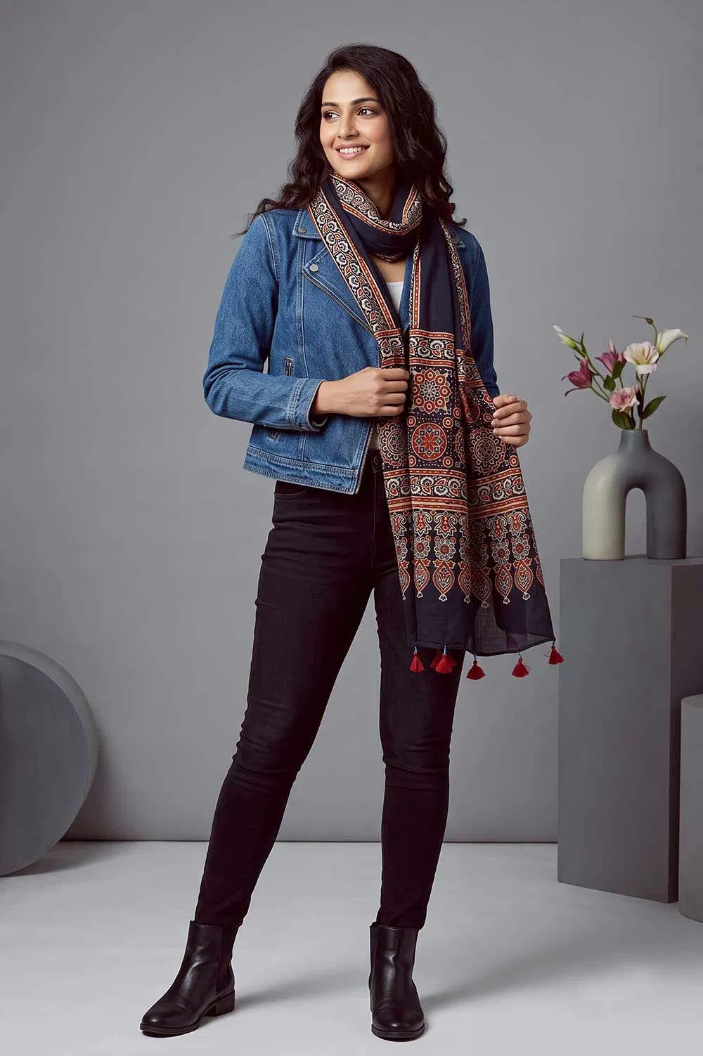 Kutch Ajrakh Hand Block Print Modal Silk Crepe Stole