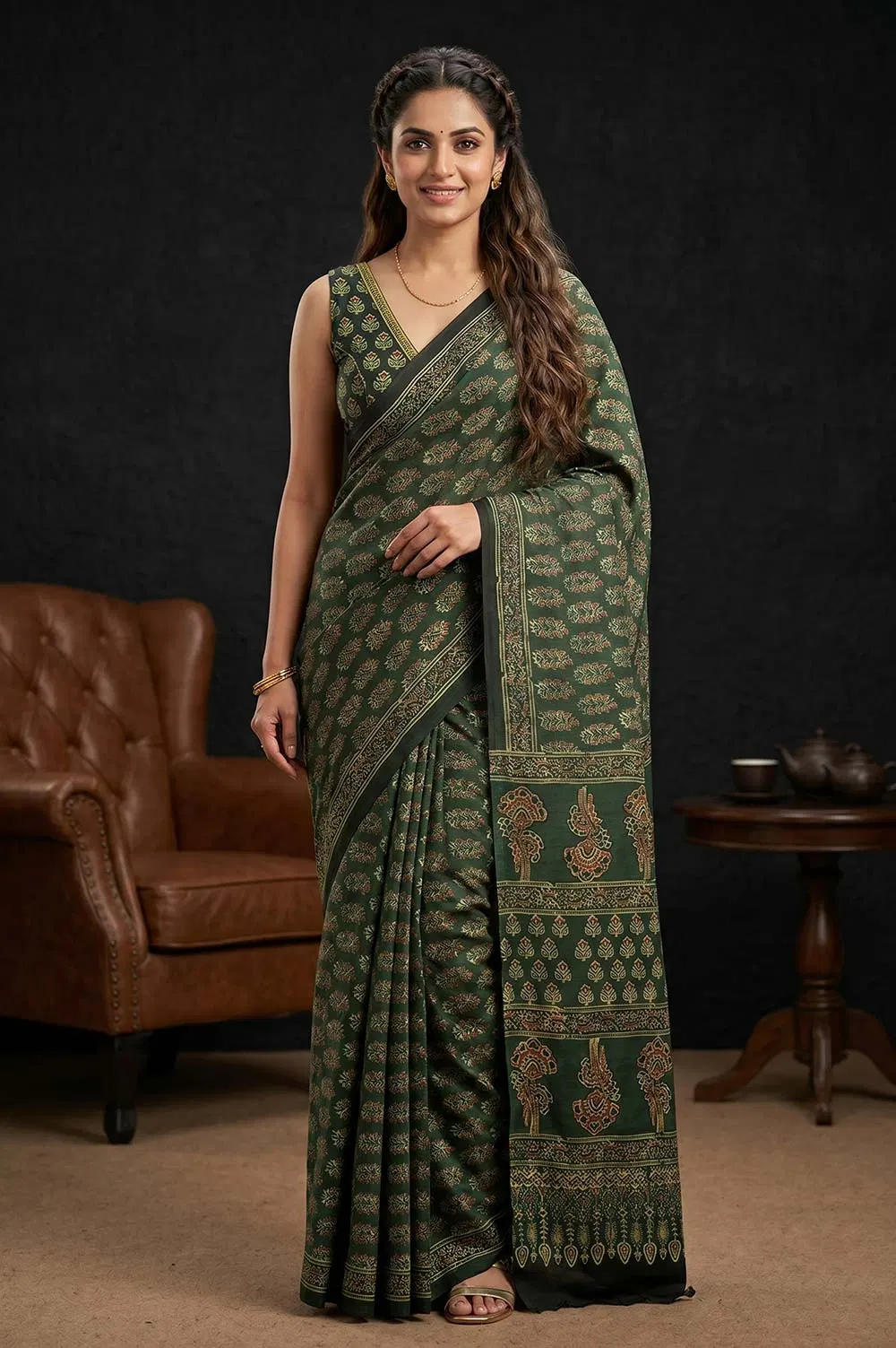Kutch Ajrakh Hand Block Print Modal Silk Crepe Saree