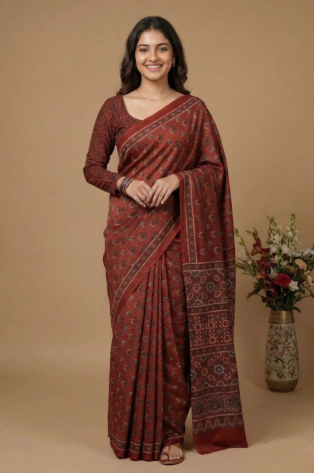 Kutch Ajrakh Hand Block Print Modal Silk Crepe Saree